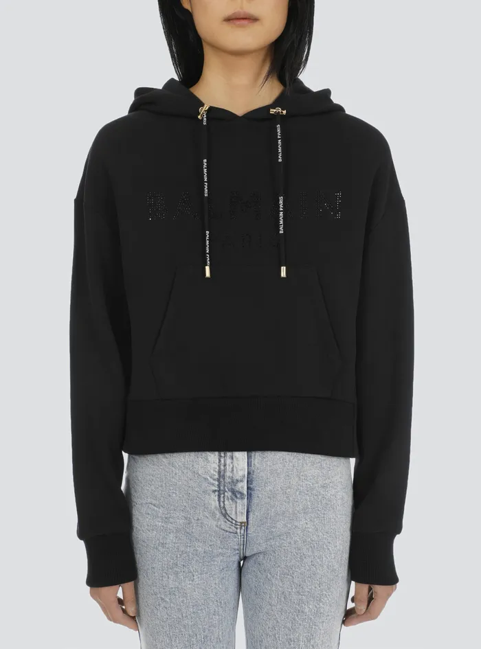 Balmain Sweatshirts Womens Cropped EcoDesigned Cotton Sweatshirt With Rhinestone Balmain Logo Black