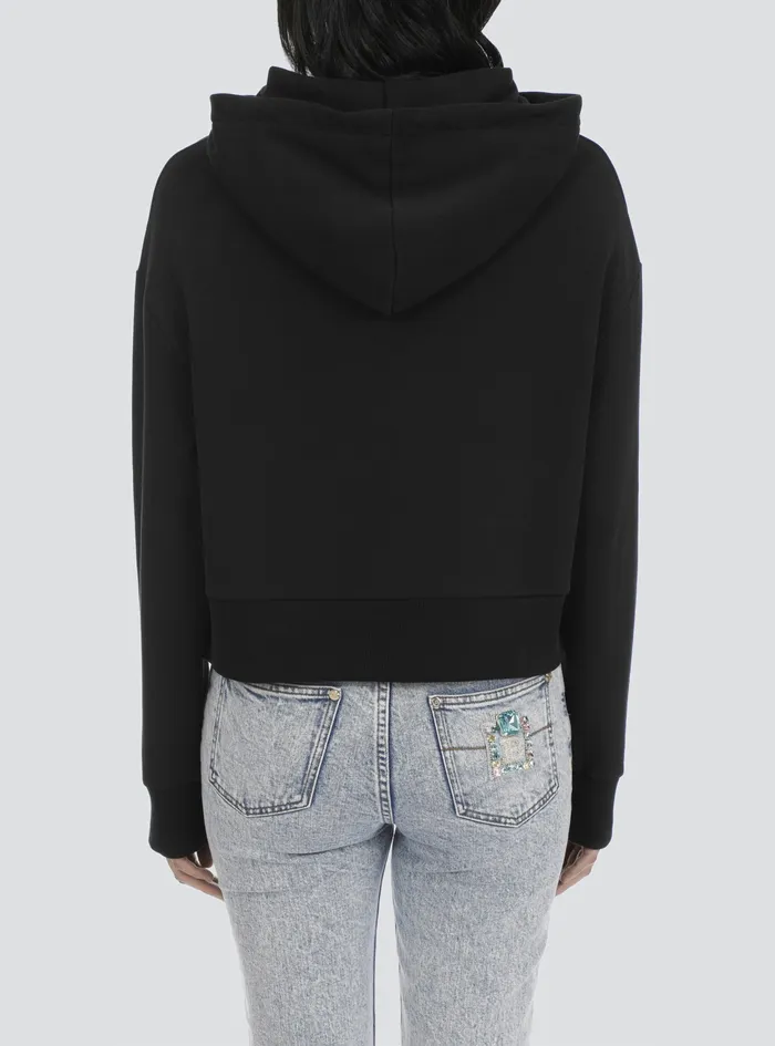 Balmain Sweatshirts Womens Cropped EcoDesigned Cotton Sweatshirt With Rhinestone Balmain Logo Black