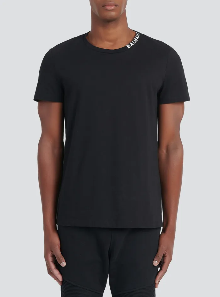 Balmain TShirts Mens Cotton TShirt With Balmain Logo Print Neckline Black Balmain TShirts Mens Cotton TShirt With Balmain Logo Print Neckline Black