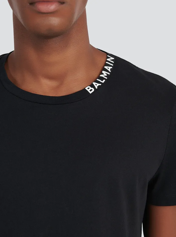 Balmain TShirts Mens Cotton TShirt With Balmain Logo Print Neckline Black Balmain TShirts Mens Cotton TShirt With Balmain Logo Print Neckline Black