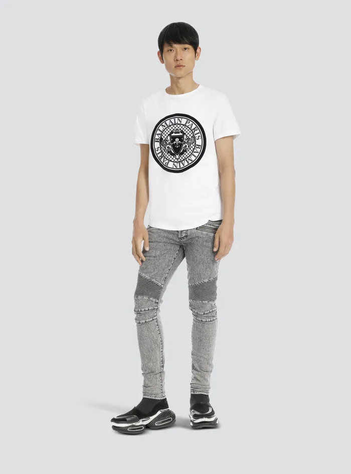 Balmain TShirts Mens Cotton TShirt With Flocked Velvet Balmain Medallion White