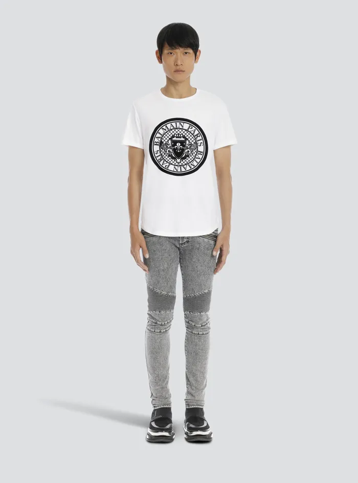 Balmain TShirts Mens Cotton TShirt With Flocked Velvet Balmain Medallion White