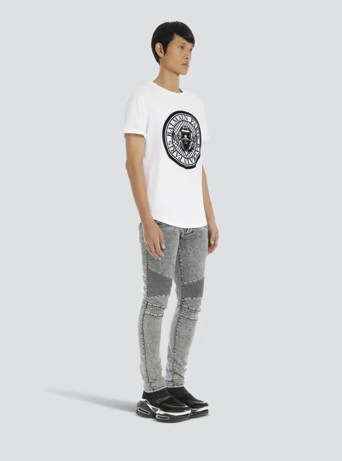 Balmain TShirts Mens Cotton TShirt With Flocked Velvet Balmain Medallion White