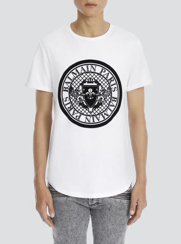 Balmain TShirts Mens Cotton TShirt With Flocked Velvet Balmain Medallion White