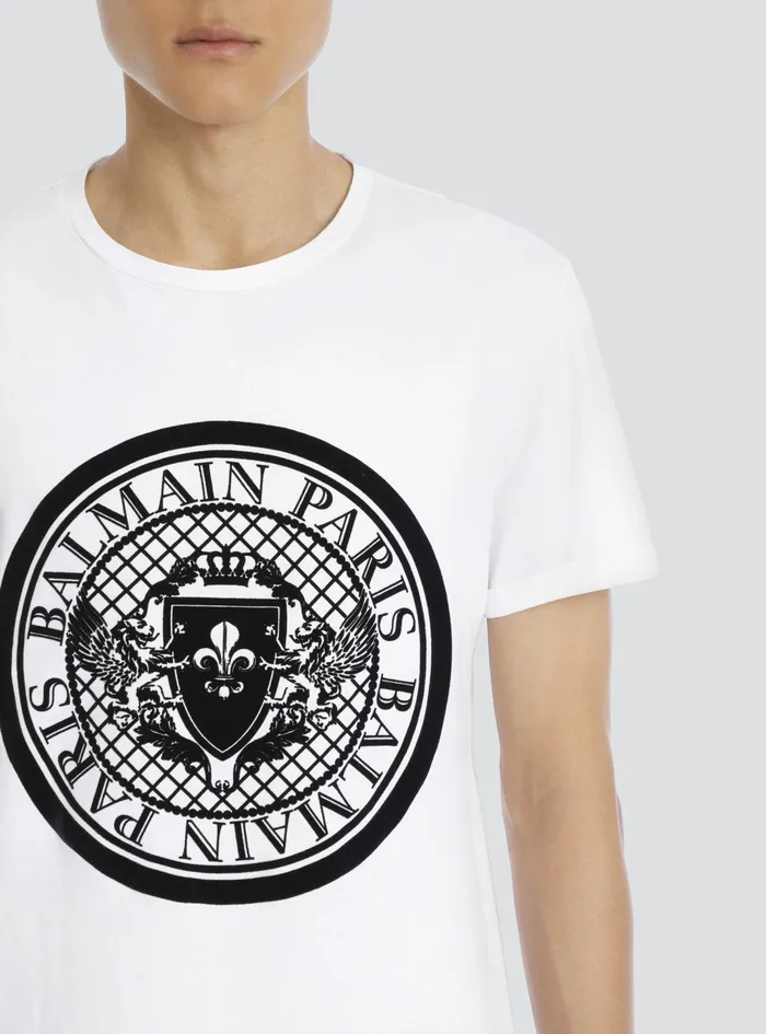 Balmain TShirts Mens Cotton TShirt With Flocked Velvet Balmain Medallion White