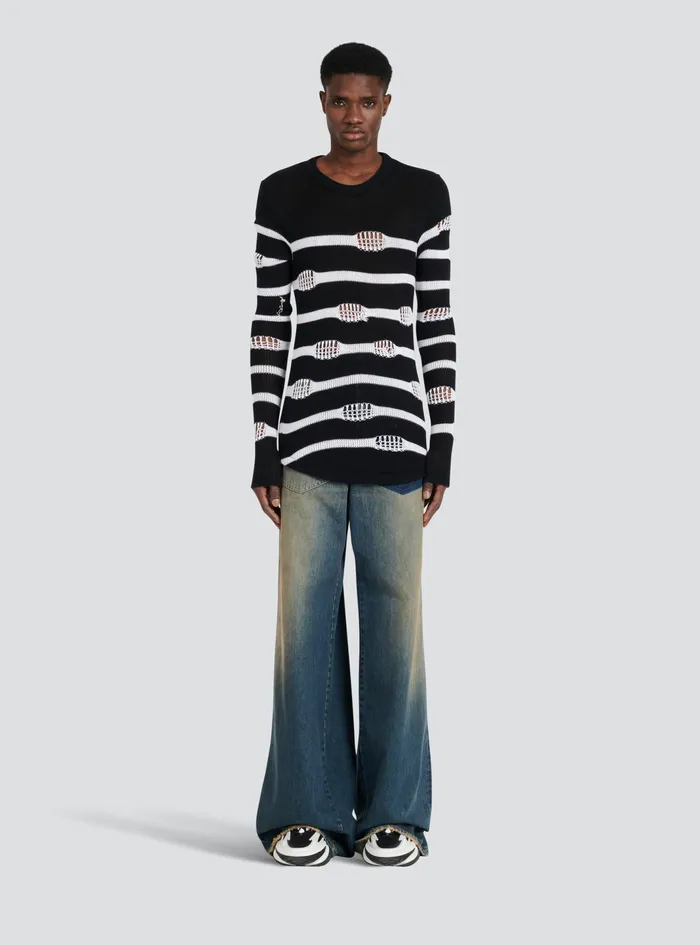 Balmain TShirts Mens Destroyed Striped Nautical Sweater Black Balmain TShirts Mens Destroyed Striped Nautical Sweater Black