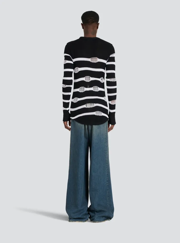 Balmain TShirts Mens Destroyed Striped Nautical Sweater Black Balmain TShirts Mens Destroyed Striped Nautical Sweater Black