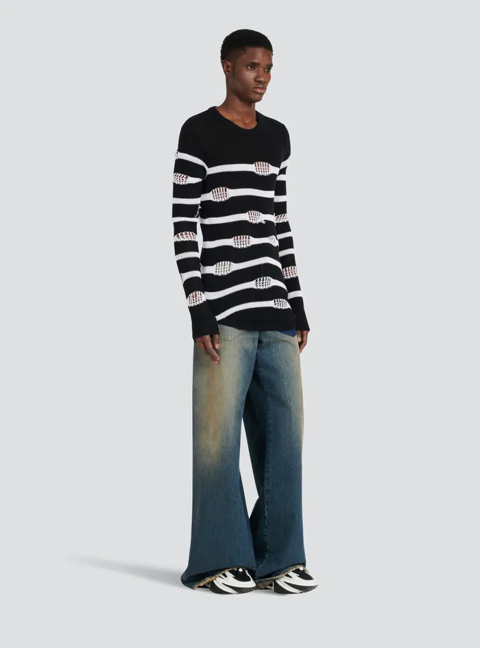 Balmain TShirts Mens Destroyed Striped Nautical Sweater Black Balmain TShirts Mens Destroyed Striped Nautical Sweater Black