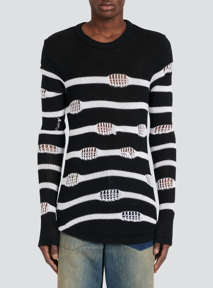 Balmain TShirts Mens Destroyed Striped Nautical Sweater Black Balmain TShirts Mens Destroyed Striped Nautical Sweater Black