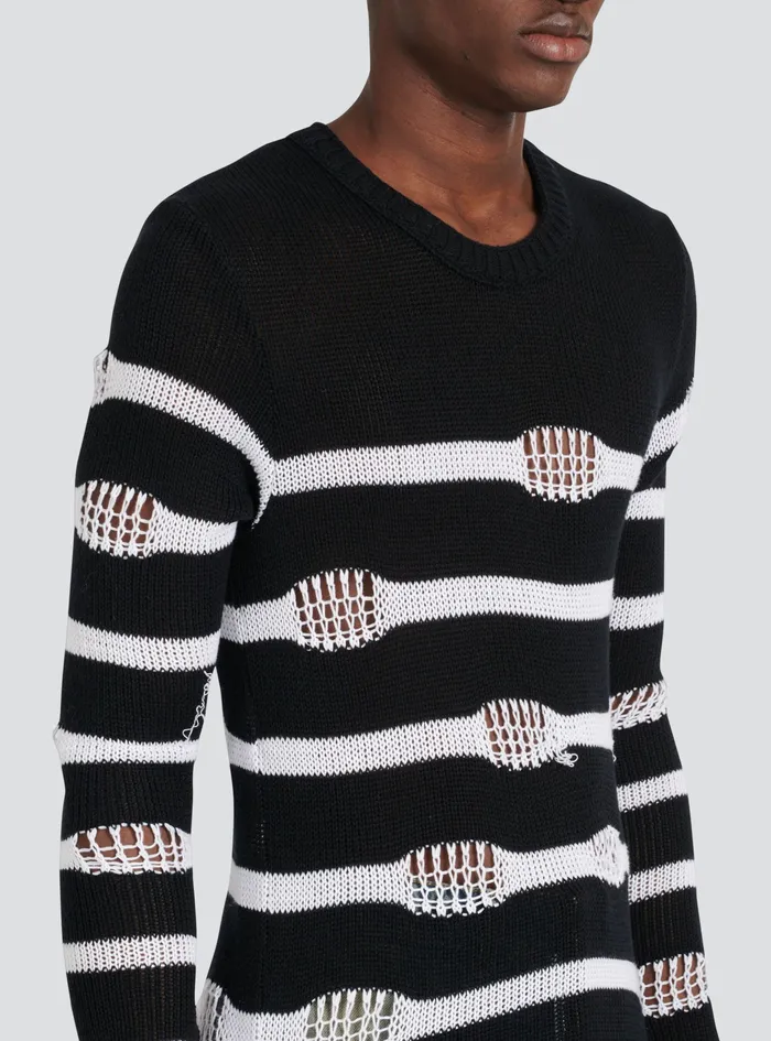Balmain TShirts Mens Destroyed Striped Nautical Sweater Black Balmain TShirts Mens Destroyed Striped Nautical Sweater Black