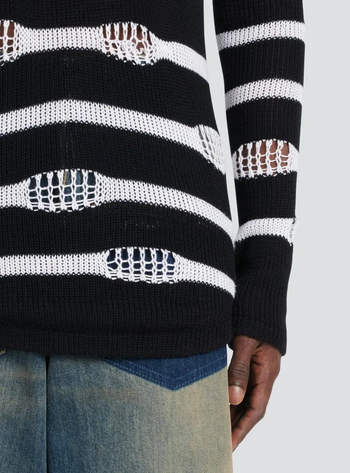 Balmain TShirts Mens Destroyed Striped Nautical Sweater Black Balmain TShirts Mens Destroyed Striped Nautical Sweater Black