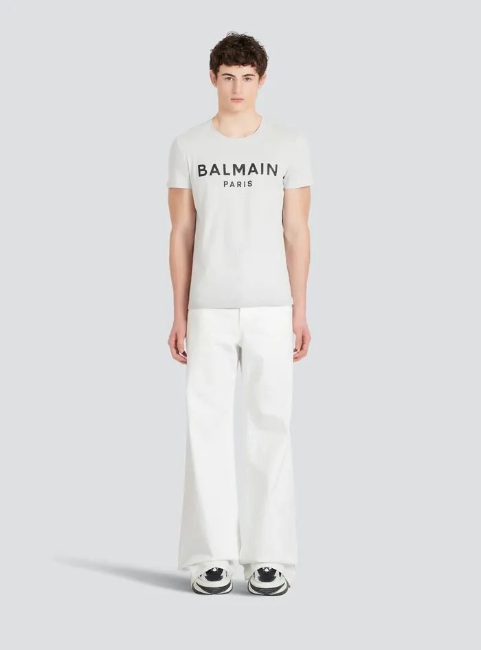 Balmain TShirts Mens EcoDesigned Cotton TShirt With Balmain Paris Logo Print Grey Balmain TShirts Mens EcoDesigned Cotton TShirt With Balmain Paris Logo Print Grey