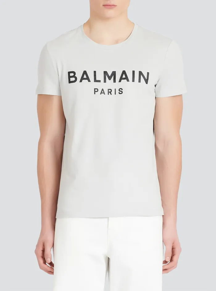 Balmain TShirts Mens EcoDesigned Cotton TShirt With Balmain Paris Logo Print Grey Balmain TShirts Mens EcoDesigned Cotton TShirt With Balmain Paris Logo Print Grey