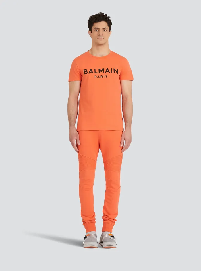 Balmain TShirts Mens EcoDesigned Cotton TShirt With Balmain Paris Logo Print Orange Balmain TShirts Mens EcoDesigned Cotton TShirt With Balmain Paris Logo Print Orange