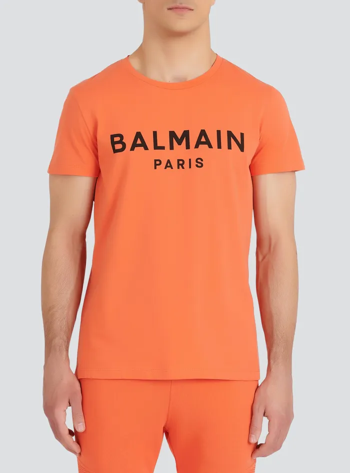 Balmain TShirts Mens EcoDesigned Cotton TShirt With Balmain Paris Logo Print Orange Balmain TShirts Mens EcoDesigned Cotton TShirt With Balmain Paris Logo Print Orange