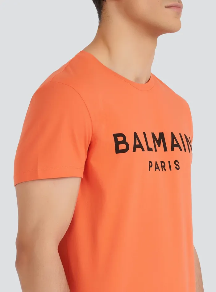 Balmain TShirts Mens EcoDesigned Cotton TShirt With Balmain Paris Logo Print Orange Balmain TShirts Mens EcoDesigned Cotton TShirt With Balmain Paris Logo Print Orange