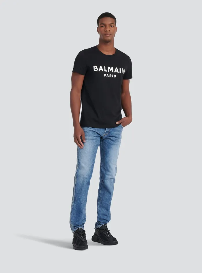 Balmain TShirts Mens EcoDesigned Cotton TShirt With Balmain Paris Logo Print Silver Balmain TShirts Mens EcoDesigned Cotton TShirt With Balmain Paris Logo Print Silver