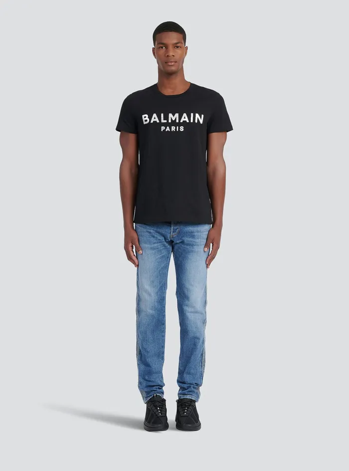 Balmain TShirts Mens EcoDesigned Cotton TShirt With Balmain Paris Logo Print Silver Balmain TShirts Mens EcoDesigned Cotton TShirt With Balmain Paris Logo Print Silver