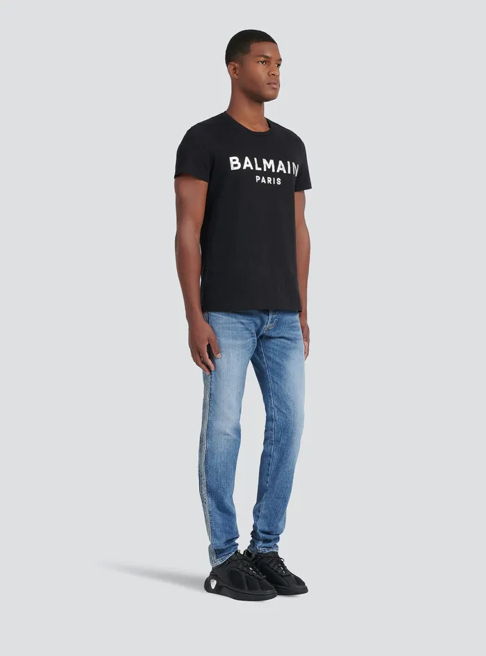 Balmain TShirts Mens EcoDesigned Cotton TShirt With Balmain Paris Logo Print Silver Balmain TShirts Mens EcoDesigned Cotton TShirt With Balmain Paris Logo Print Silver