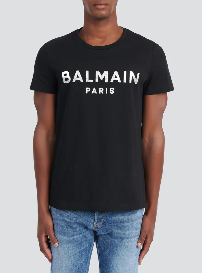 Balmain TShirts Mens EcoDesigned Cotton TShirt With Balmain Paris Logo Print Silver Balmain TShirts Mens EcoDesigned Cotton TShirt With Balmain Paris Logo Print Silver