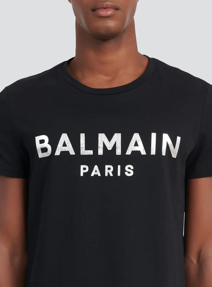 Balmain TShirts Mens EcoDesigned Cotton TShirt With Balmain Paris Logo Print Silver Balmain TShirts Mens EcoDesigned Cotton TShirt With Balmain Paris Logo Print Silver