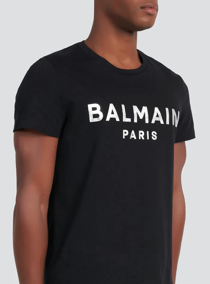 Balmain TShirts Mens EcoDesigned Cotton TShirt With Balmain Paris Logo Print Silver Balmain TShirts Mens EcoDesigned Cotton TShirt With Balmain Paris Logo Print Silver