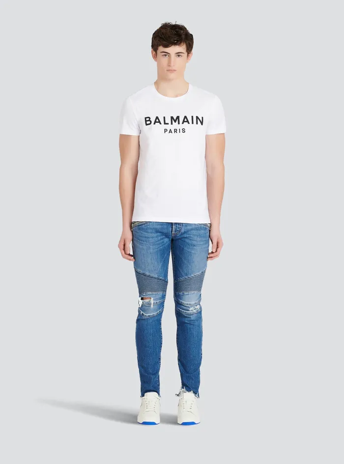 Balmain TShirts Mens EcoDesigned Cotton TShirt With Balmain Paris Logo Print White Balmain TShirts Mens EcoDesigned Cotton TShirt With Balmain Paris Logo Print White