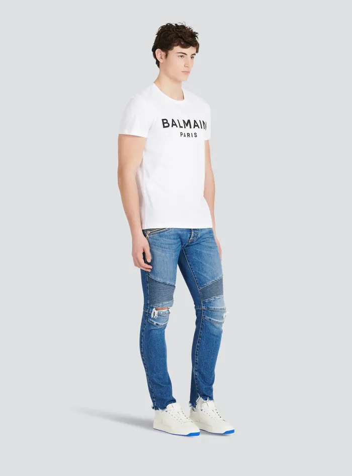 Balmain TShirts Mens EcoDesigned Cotton TShirt With Balmain Paris Logo Print White Balmain TShirts Mens EcoDesigned Cotton TShirt With Balmain Paris Logo Print White