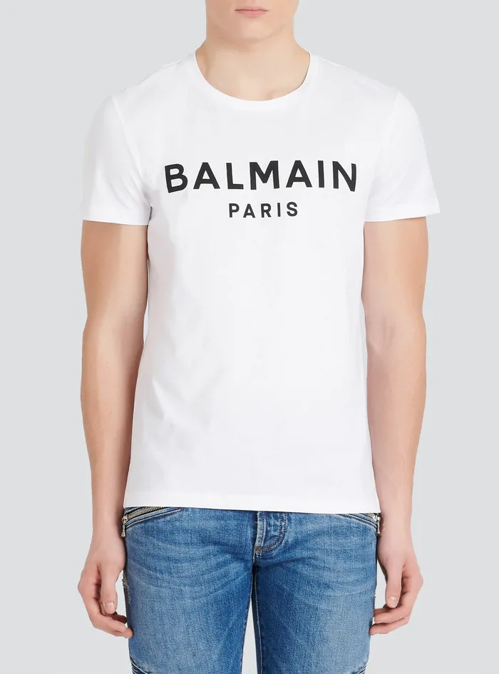 Balmain TShirts Mens EcoDesigned Cotton TShirt With Balmain Paris Logo Print White Balmain TShirts Mens EcoDesigned Cotton TShirt With Balmain Paris Logo Print White