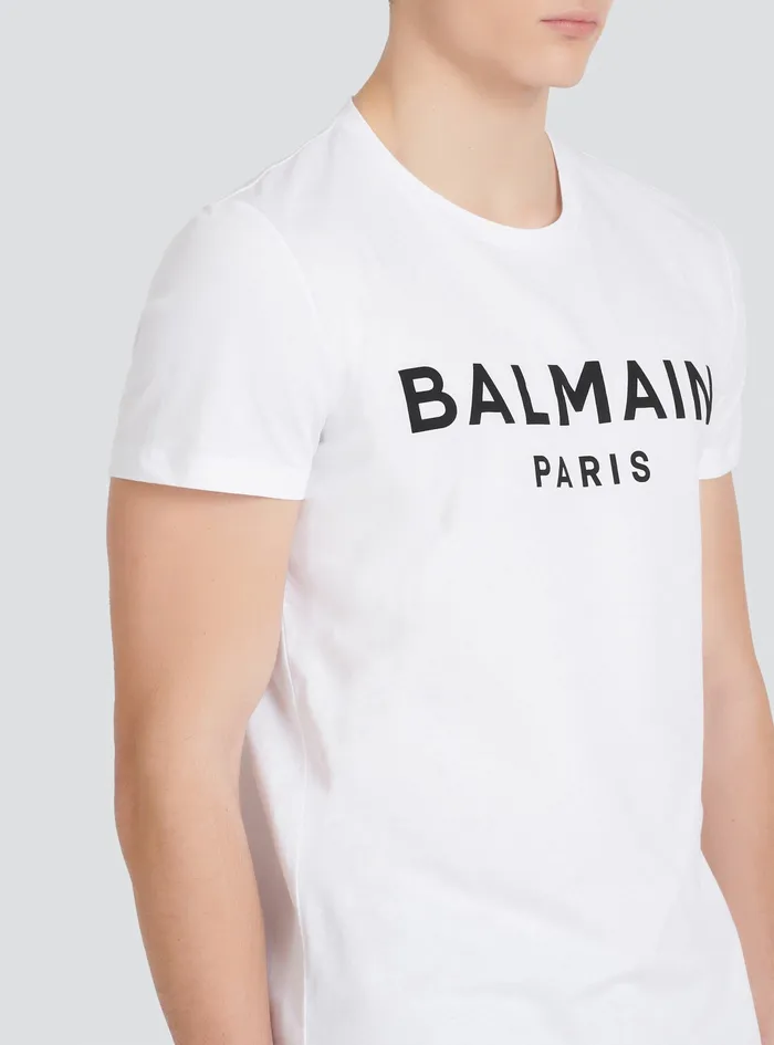 Balmain TShirts Mens EcoDesigned Cotton TShirt With Balmain Paris Logo Print White Balmain TShirts Mens EcoDesigned Cotton TShirt With Balmain Paris Logo Print White