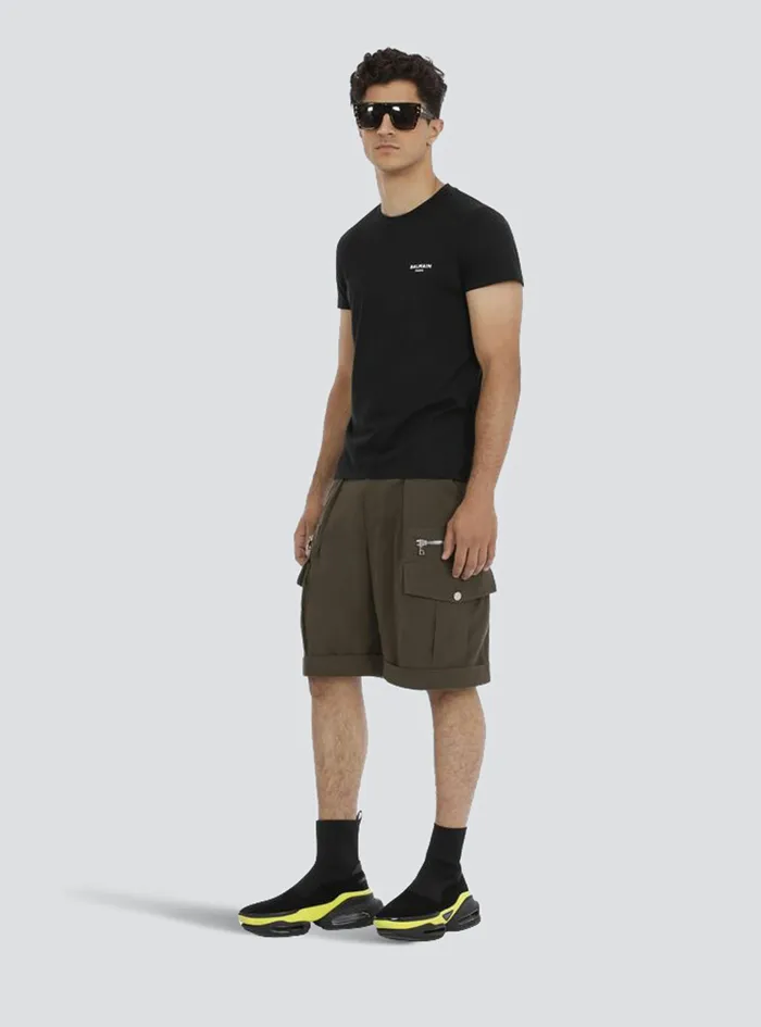 Balmain TShirts Mens EcoDesigned Cotton TShirt With Small Flocked Balmain Paris Logo Black Balmain TShirts Mens EcoDesigned Cotton TShirt With Small Flocked Balmain Paris Logo Black