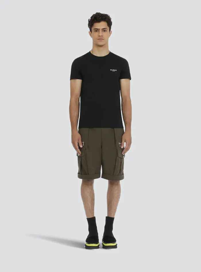 Balmain TShirts Mens EcoDesigned Cotton TShirt With Small Flocked Balmain Paris Logo Black Balmain TShirts Mens EcoDesigned Cotton TShirt With Small Flocked Balmain Paris Logo Black