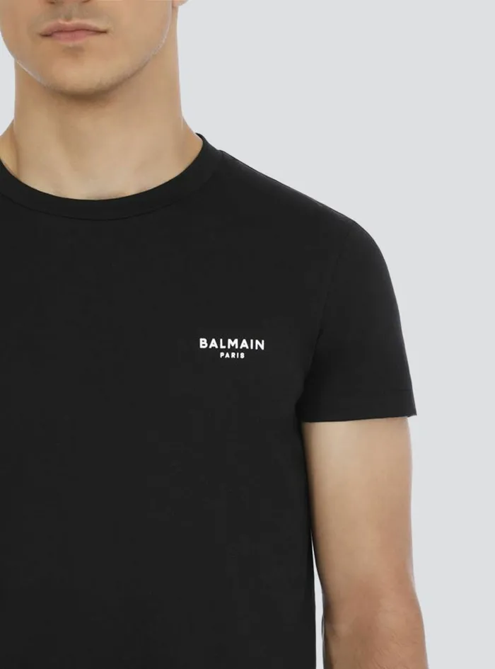 Balmain TShirts Mens EcoDesigned Cotton TShirt With Small Flocked Balmain Paris Logo Black Balmain TShirts Mens EcoDesigned Cotton TShirt With Small Flocked Balmain Paris Logo Black