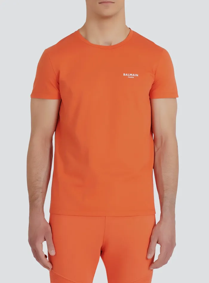 Balmain TShirts Mens EcoDesigned Cotton TShirt With Small Flocked Balmain Paris Logo Orange Balmain TShirts Mens EcoDesigned Cotton TShirt With Small Flocked Balmain Paris Logo Orange