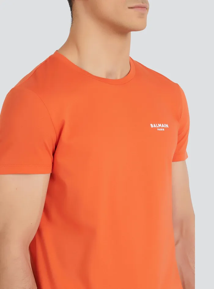 Balmain TShirts Mens EcoDesigned Cotton TShirt With Small Flocked Balmain Paris Logo Orange Balmain TShirts Mens EcoDesigned Cotton TShirt With Small Flocked Balmain Paris Logo Orange