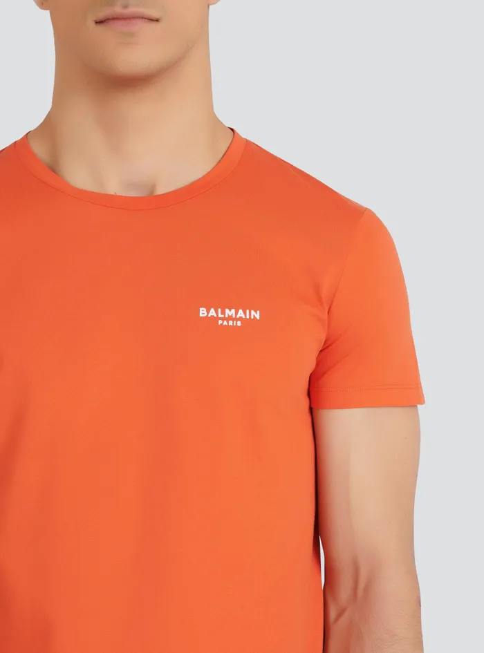 Balmain TShirts Mens EcoDesigned Cotton TShirt With Small Flocked Balmain Paris Logo Orange Balmain TShirts Mens EcoDesigned Cotton TShirt With Small Flocked Balmain Paris Logo Orange