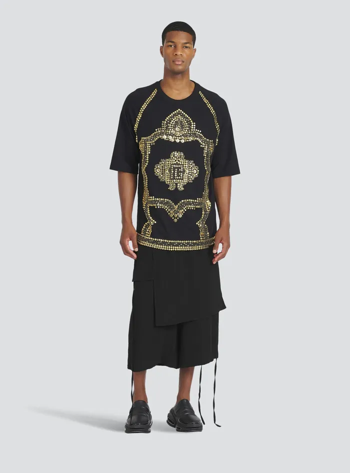 Balmain TShirts Mens Oversized Cotton TShirt With GoldTone Studded Embroidery Gold