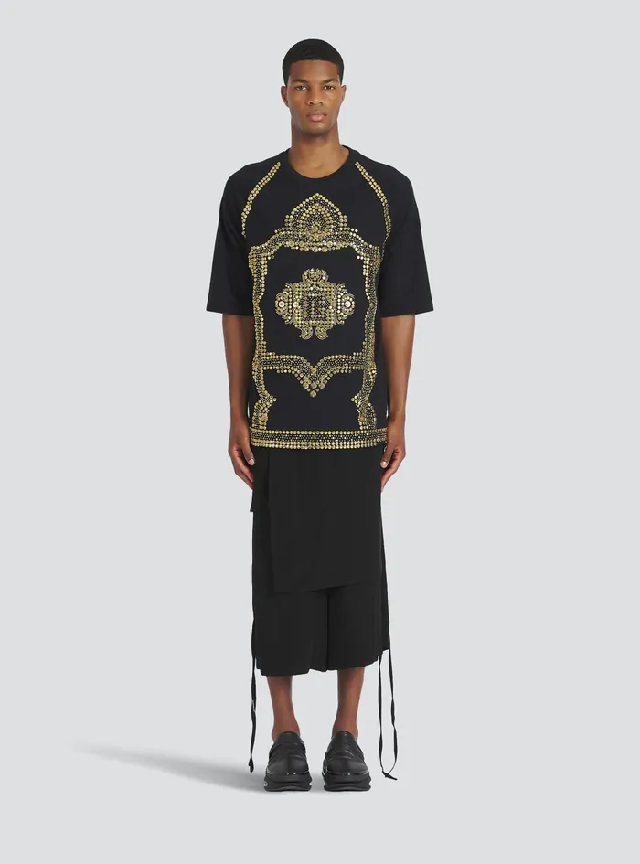 Balmain TShirts Mens Oversized Cotton TShirt With GoldTone Studded Embroidery Gold