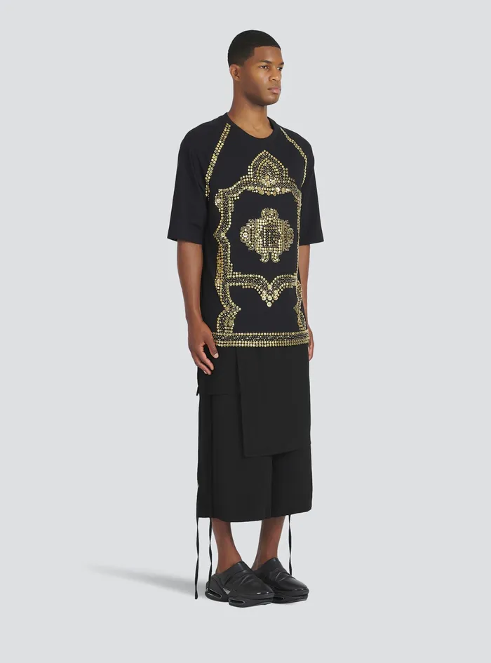 Balmain TShirts Mens Oversized Cotton TShirt With GoldTone Studded Embroidery Gold