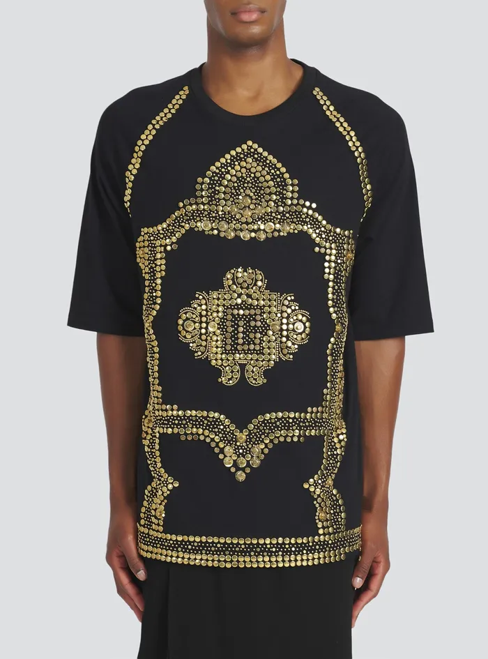 Balmain TShirts Mens Oversized Cotton TShirt With GoldTone Studded Embroidery Gold