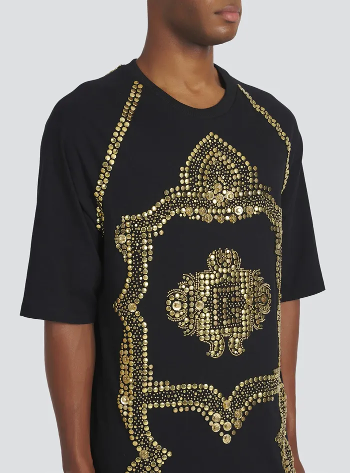 Balmain TShirts Mens Oversized Cotton TShirt With GoldTone Studded Embroidery Gold