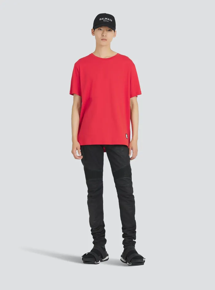 Balmain TShirts Mens Oversized EcoDesigned Cotton TShirt With Balmain Logo Print Red Balmain TShirts Mens Oversized EcoDesigned Cotton TShirt With Balmain Logo Print Red
