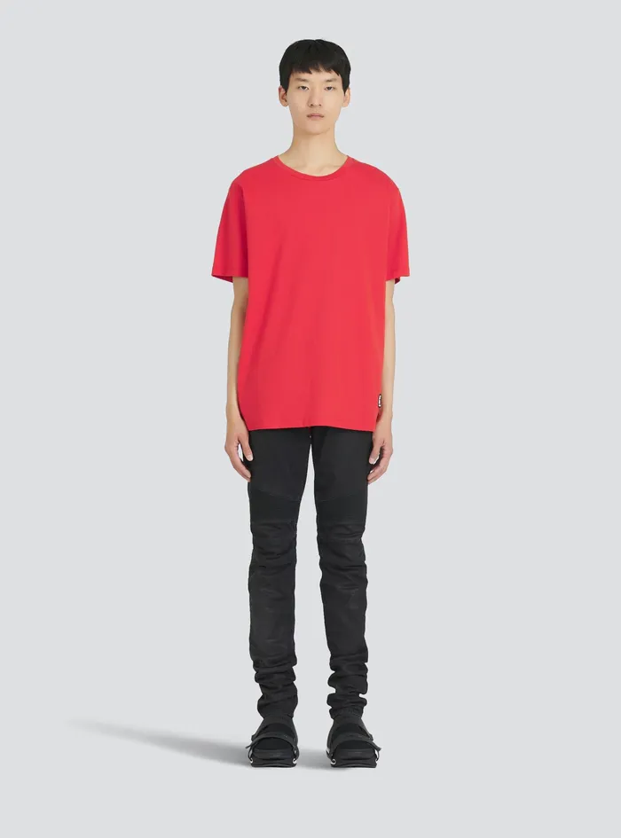 Balmain TShirts Mens Oversized EcoDesigned Cotton TShirt With Balmain Logo Print Red Balmain TShirts Mens Oversized EcoDesigned Cotton TShirt With Balmain Logo Print Red