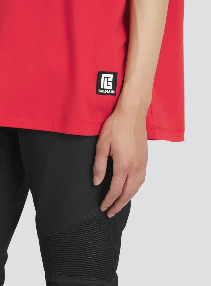 Balmain TShirts Mens Oversized EcoDesigned Cotton TShirt With Balmain Logo Print Red Balmain TShirts Mens Oversized EcoDesigned Cotton TShirt With Balmain Logo Print Red