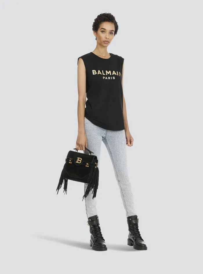 Balmain TShirts Womens Cotton TShirt With Balmain Logo Print Gold Balmain TShirts Womens Cotton TShirt With Balmain Logo Print Gold