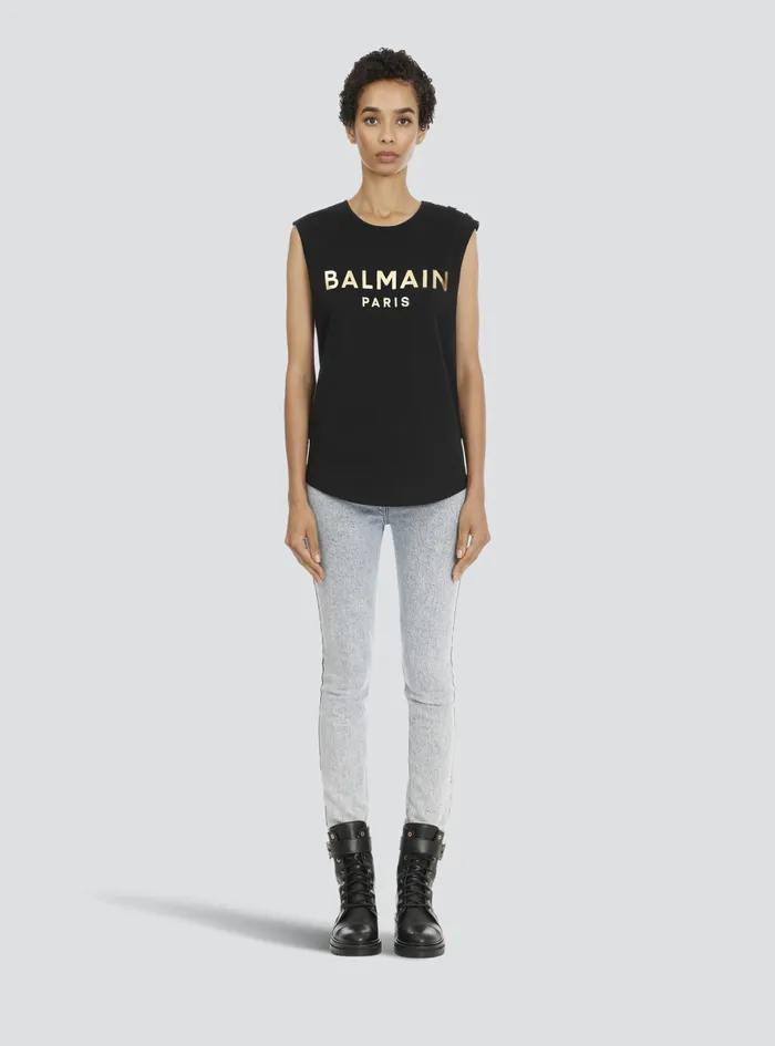Balmain TShirts Womens Cotton TShirt With Balmain Logo Print Gold Balmain TShirts Womens Cotton TShirt With Balmain Logo Print Gold