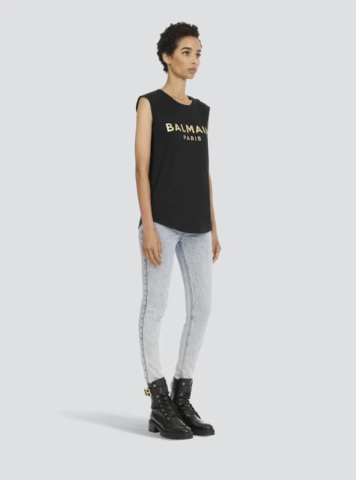 Balmain TShirts Womens Cotton TShirt With Balmain Logo Print Gold Balmain TShirts Womens Cotton TShirt With Balmain Logo Print Gold