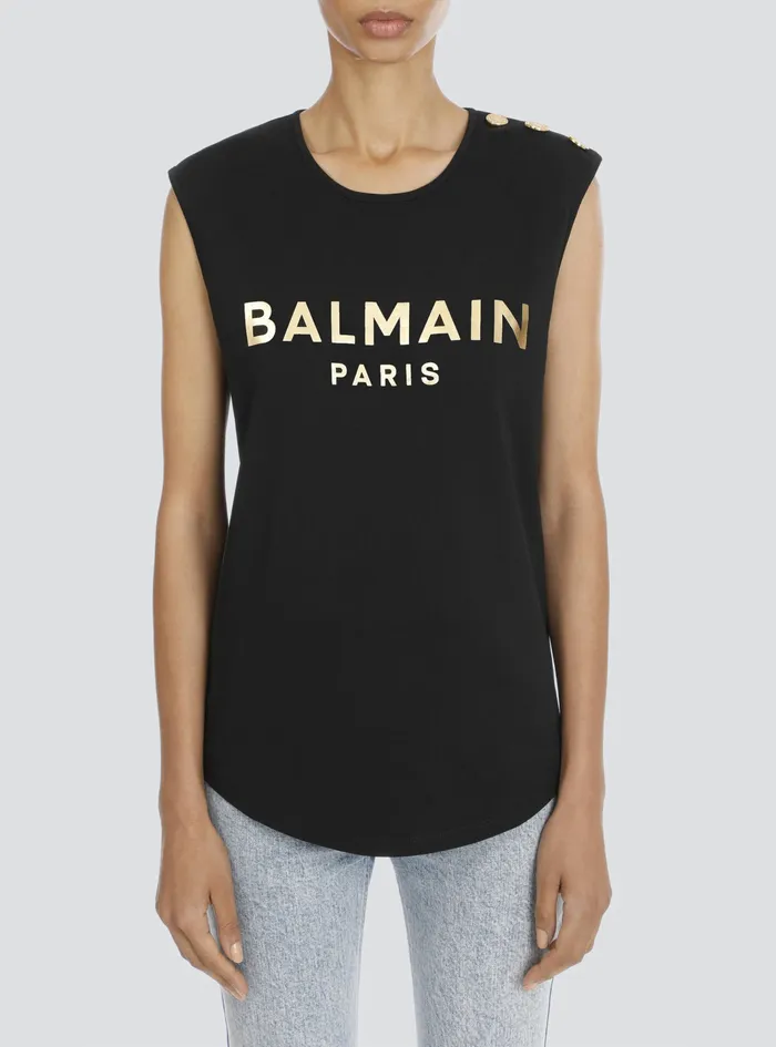 Balmain TShirts Womens Cotton TShirt With Balmain Logo Print Gold Balmain TShirts Womens Cotton TShirt With Balmain Logo Print Gold