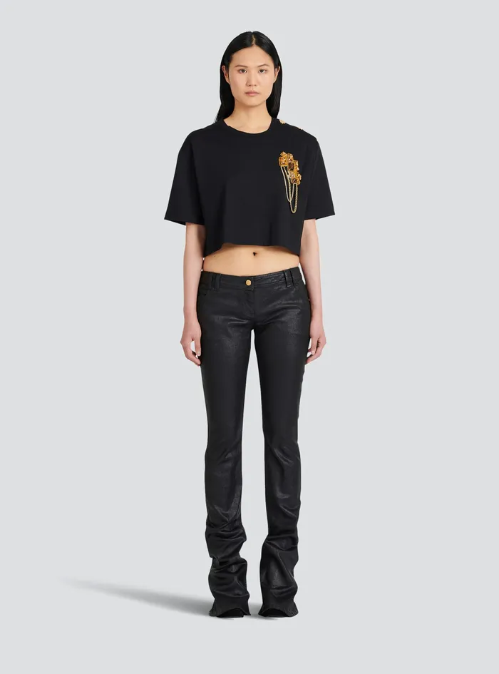 Balmain TShirts Womens Cropped Cotton TShirt Black Balmain TShirts Womens Cropped Cotton TShirt Black
