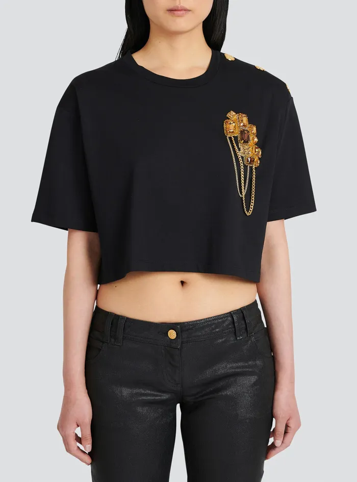 Balmain TShirts Womens Cropped Cotton TShirt Black Balmain TShirts Womens Cropped Cotton TShirt Black